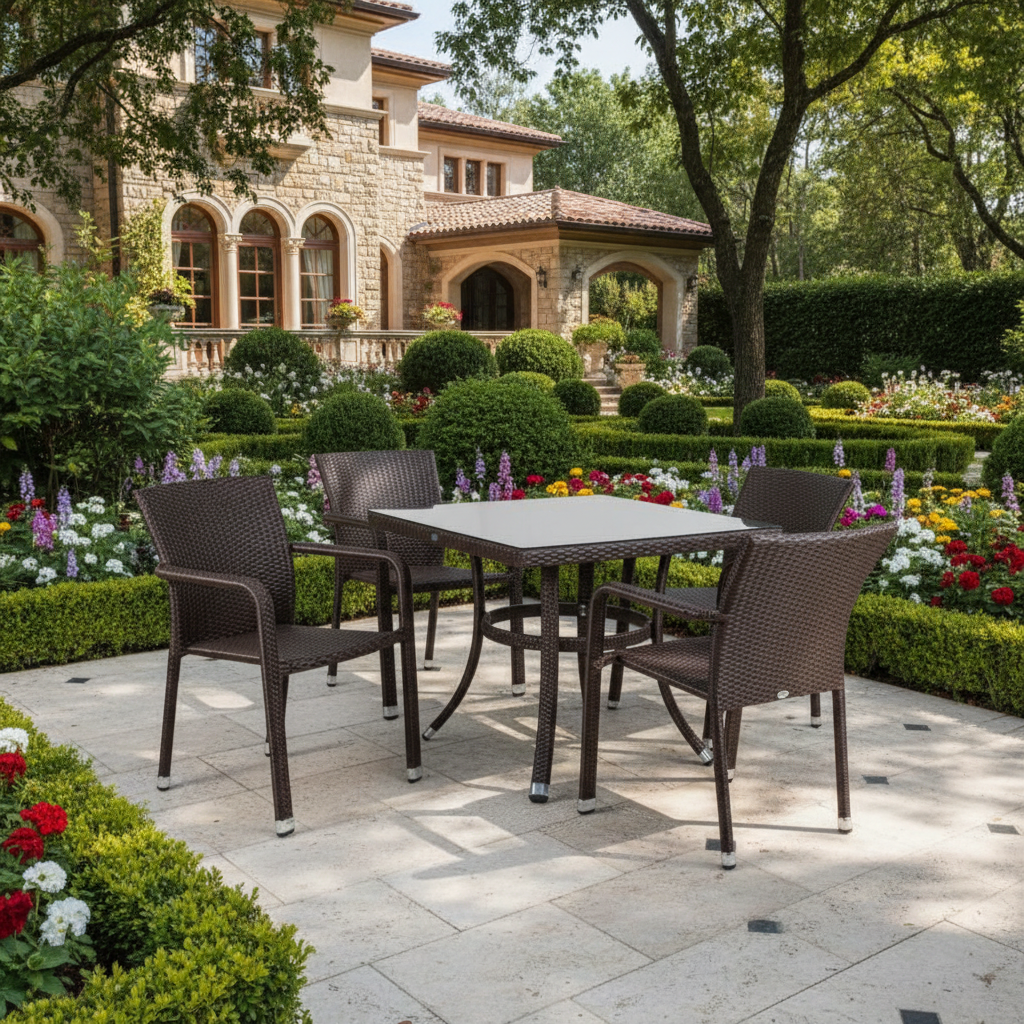 Java Bistro 5-Piece Rattan Dining Set – Square Glass Edition